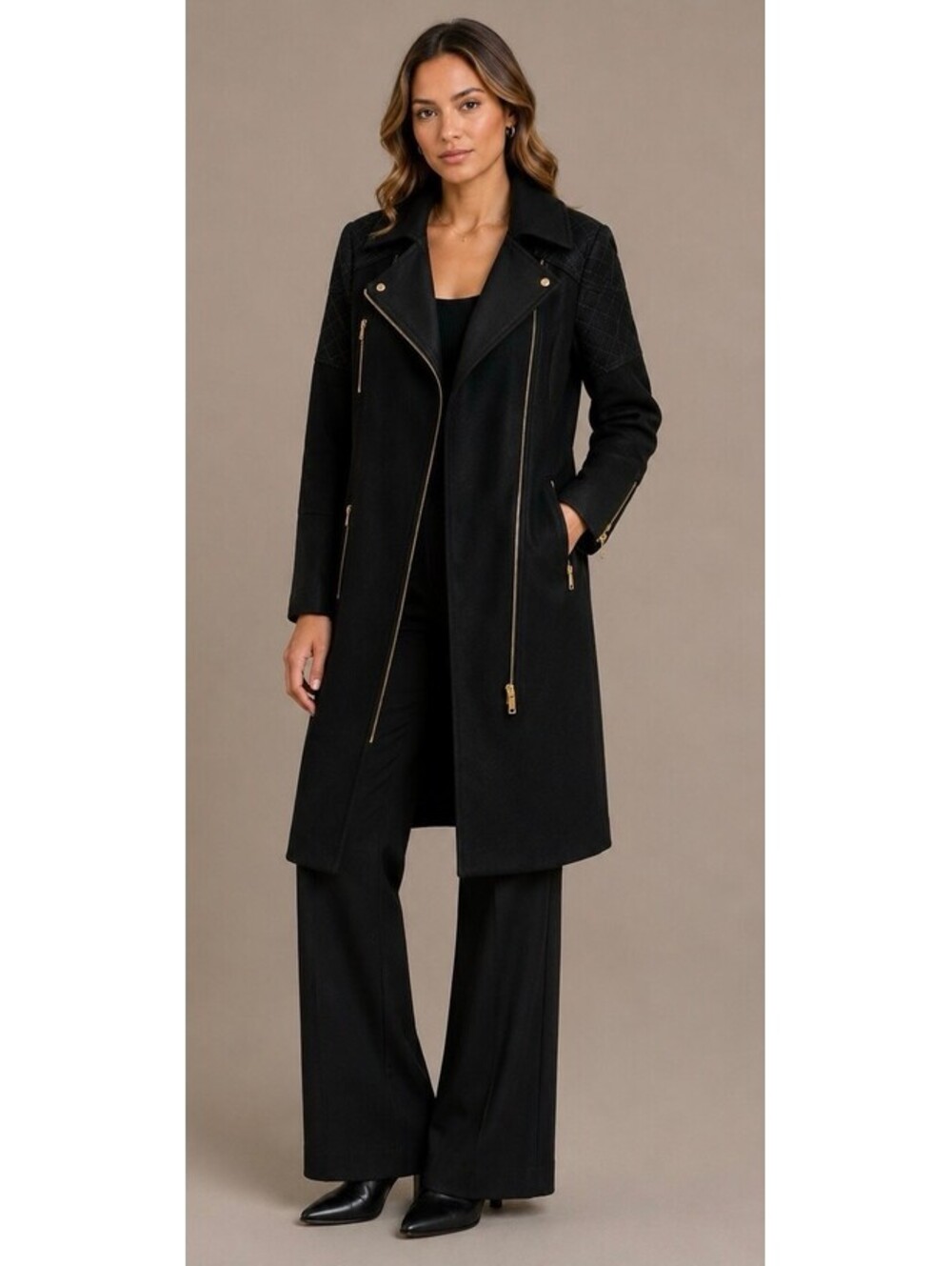 Gucci Black Wool Cashmere Biker Trench Coat Asymmetric Gold Zipper IT 40 US 4